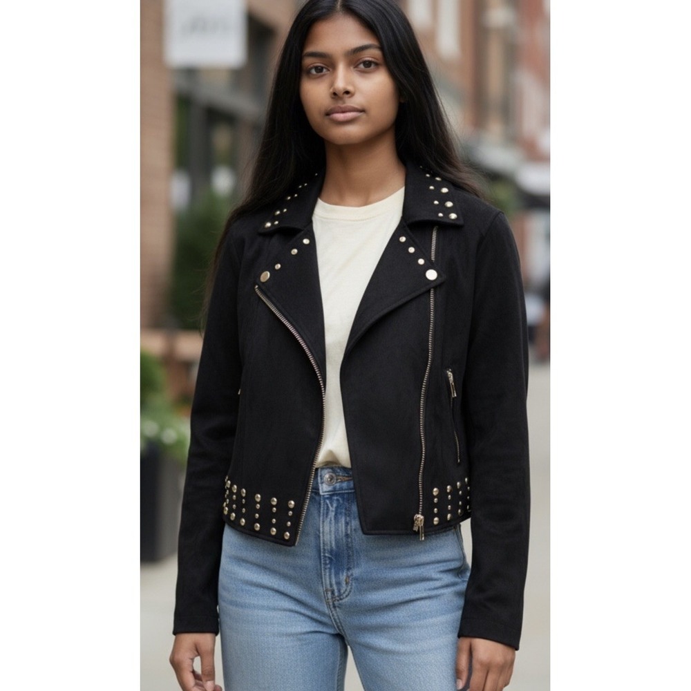 Forever 21 Black Moto Jacket Womens S Cropped Faux Suede Full Zip - Picture 2 of 9